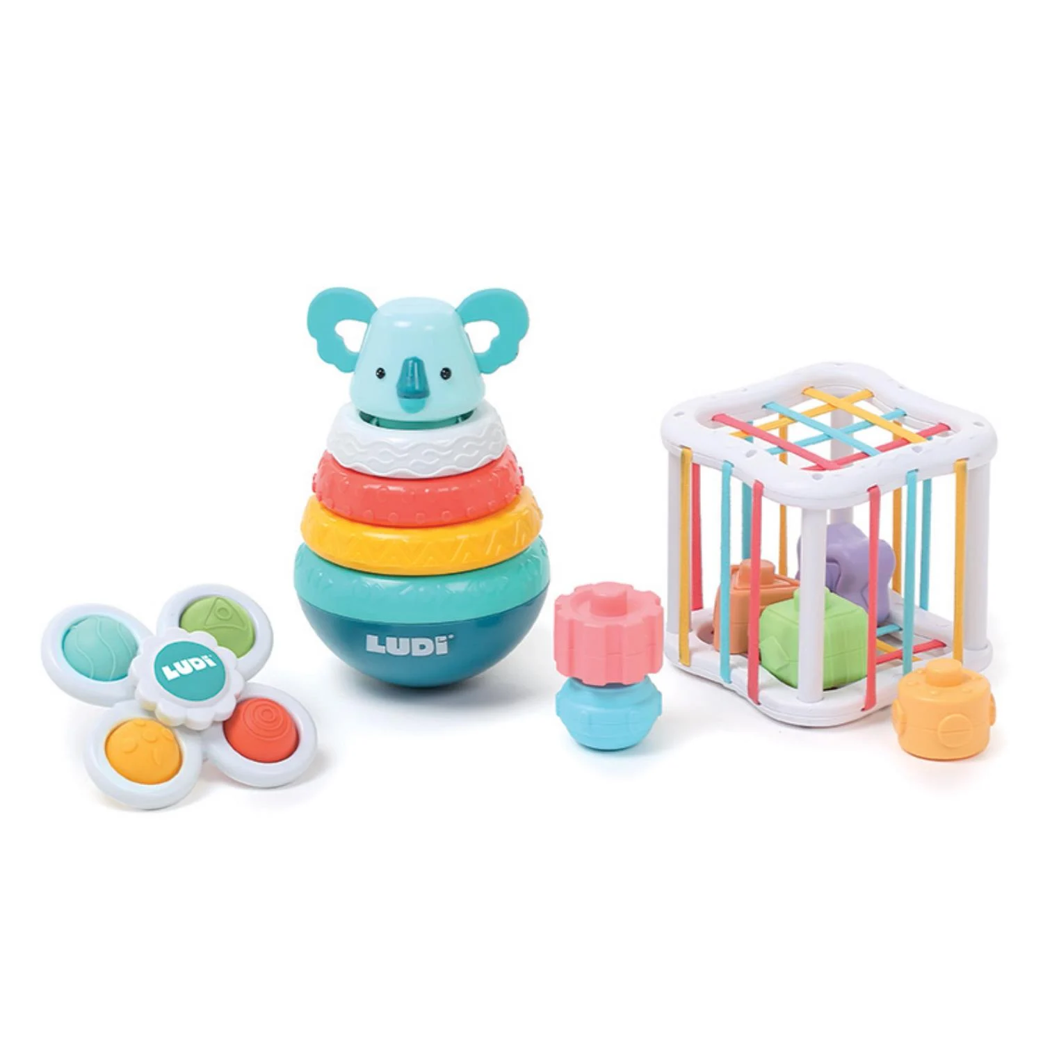 Conjunto de brinquedos infantis coloridos com empilhador, spinner, formas e gaiola elástica