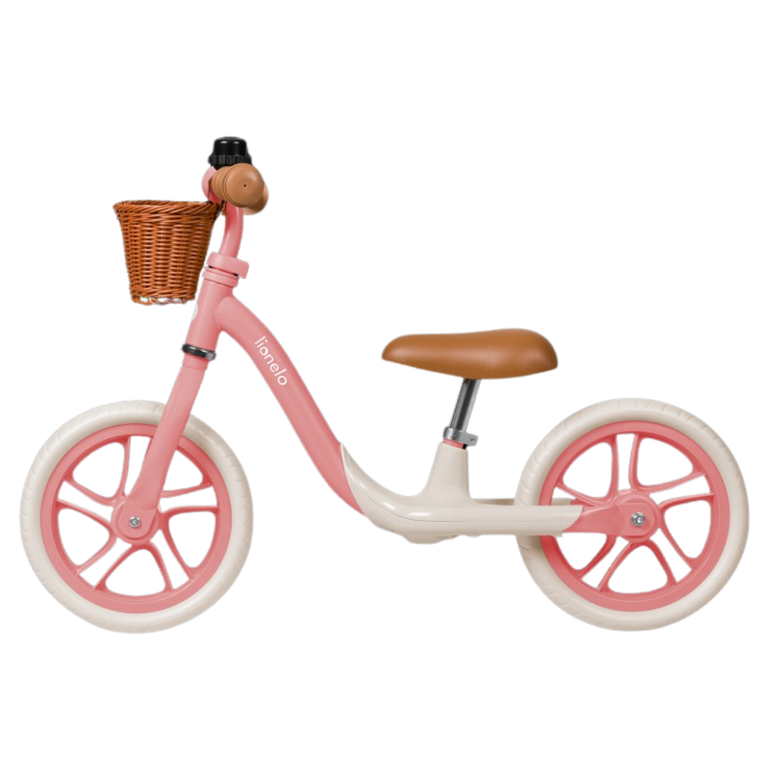 Bicicleta de equilíbrio infantil cor-de-rosa com cesto de verga