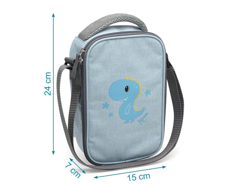 Mala de ombro azul claro com estampa de dinossauro e alça cinzenta