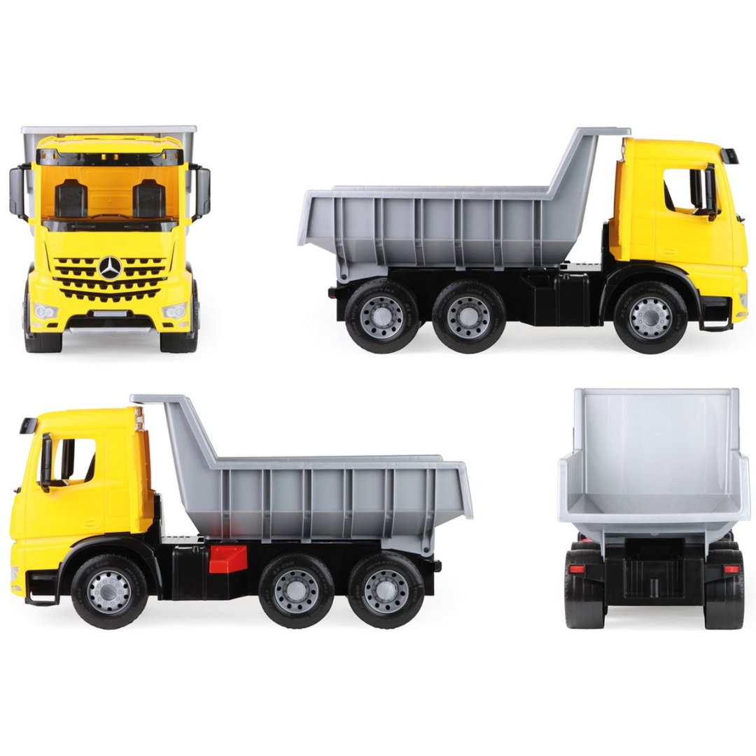 Camião de brinquedo amarelo com caçamba cinza em quatro ângulos