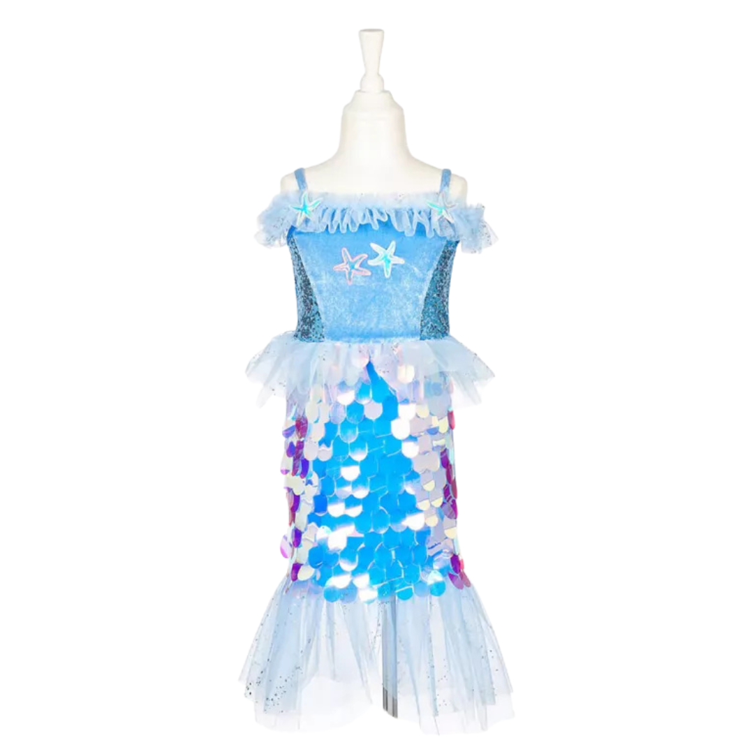 Vestido de fantasia azul com lantejoulas e detalhes em tule