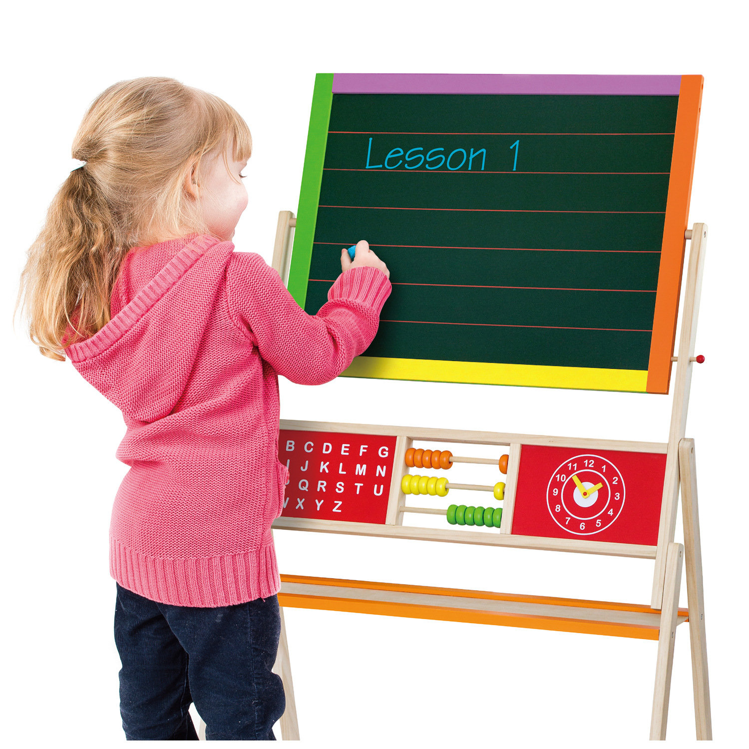 Quadro educativo infantil com moldura colorida e criança a escrever