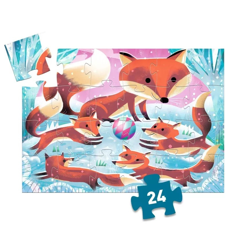 Puzzle de 24 peças com ilustração de raposas num cenário invernal