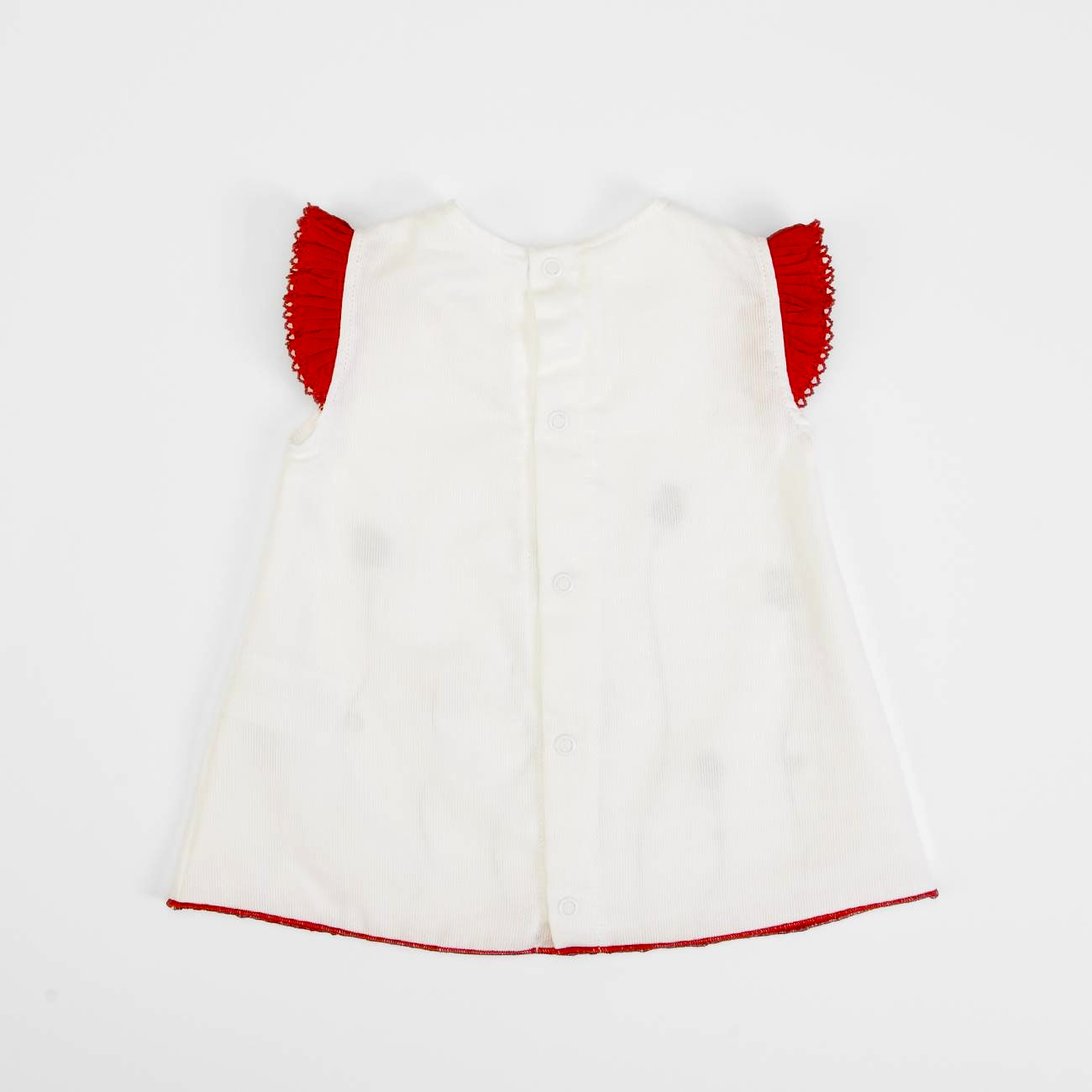 Vestido de criança branco com mangas vermelhas e botões nas costas