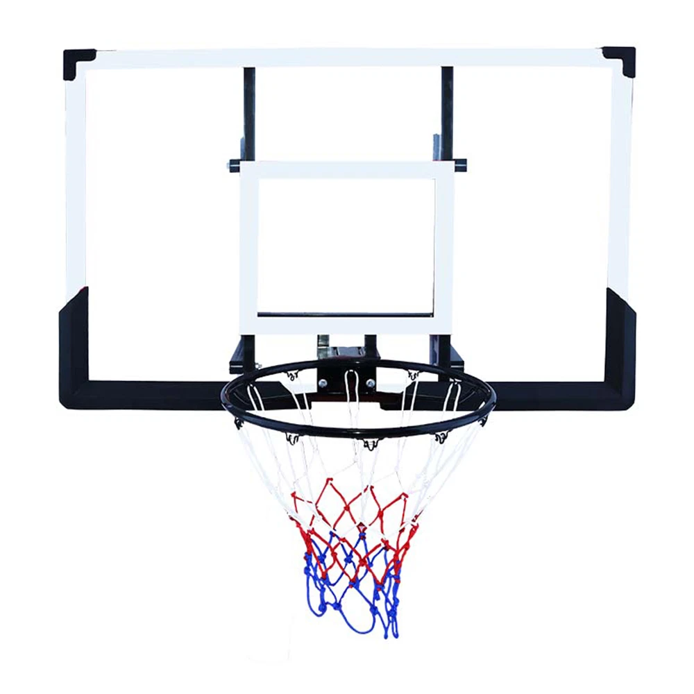 Tabela de basquetebol com placa branca, aro preto e rede tricolor
