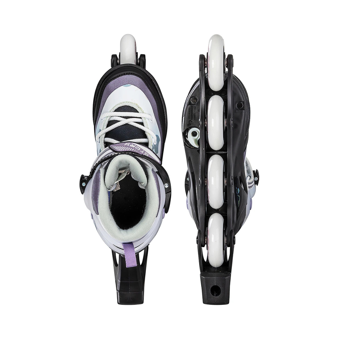 Par de patins em linha com rodas brancas e detalhes lilás