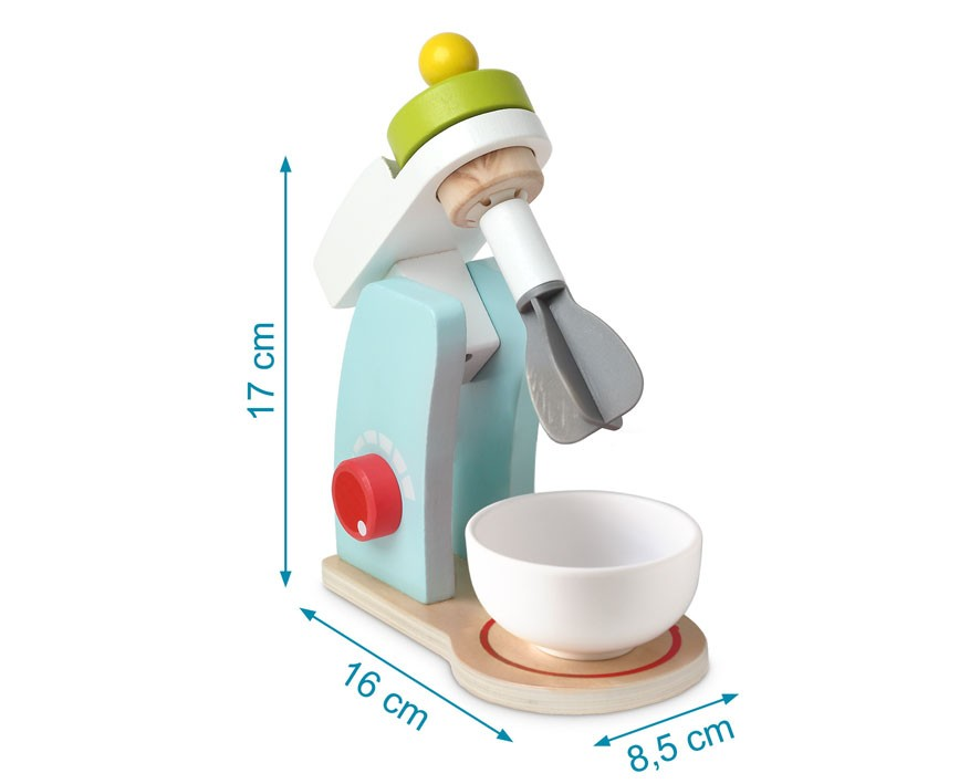 Batedeira de brinquedo em madeira azul claro e branco com tigela branca