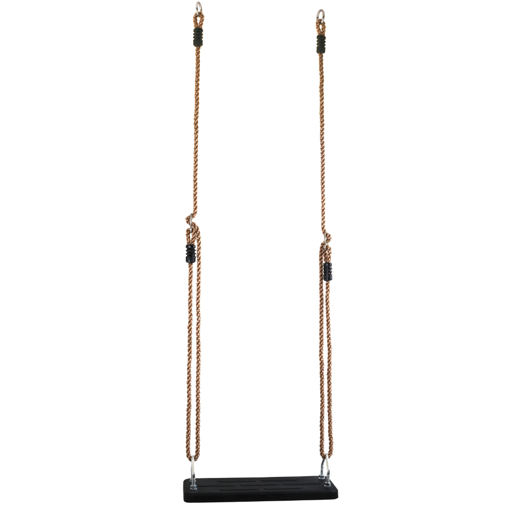 Baloiço com assento preto e cordas torcidas castanhas