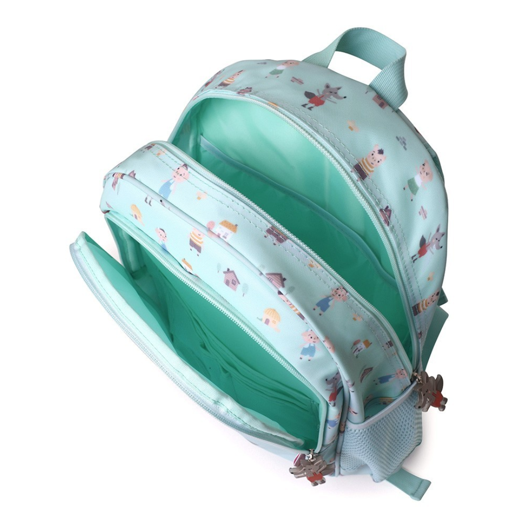 Mochila infantil azul clara com desenhos animados e dois compartimentos abertos