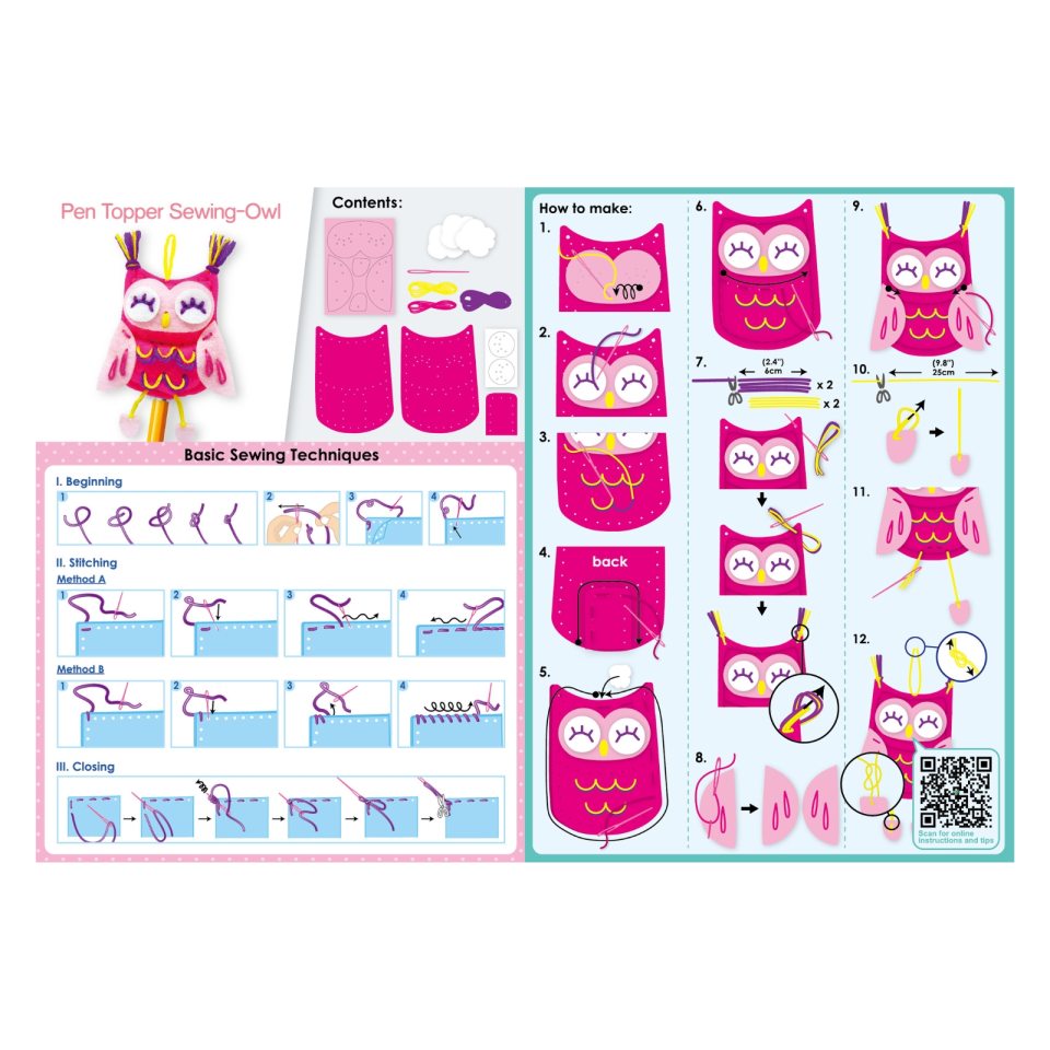 Kit de costura para Pen Topper de coruja com peças rosas, linhas e instruções ilustradas