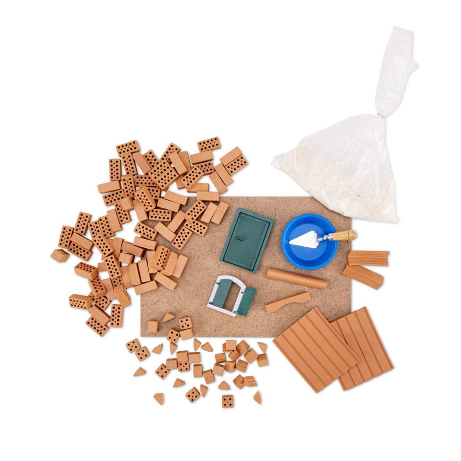 Mini tijolos de barro, porta verde, tigela azul com colher, bolsa transparente com pó, base de cortiça