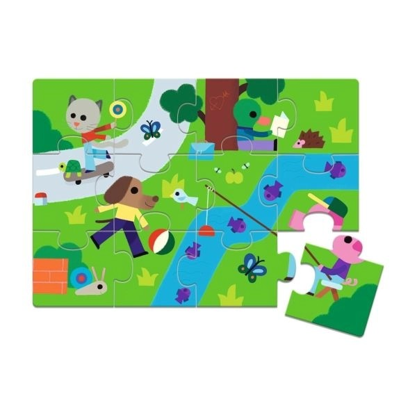 Quebra-cabeças infantil colorido com animais num parque e rio