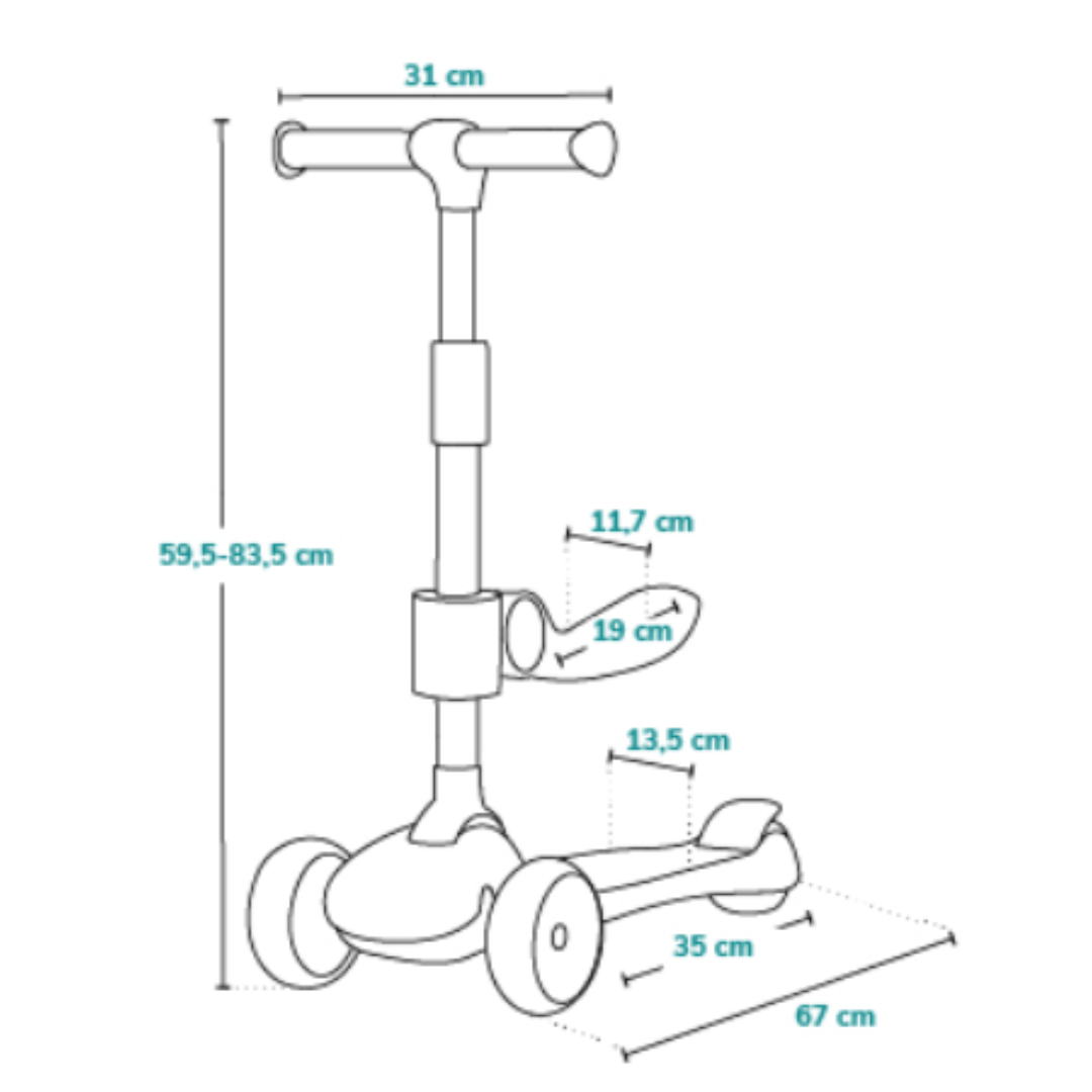 Desenho técnico de um trotinete infantil com medidas em centímetros.