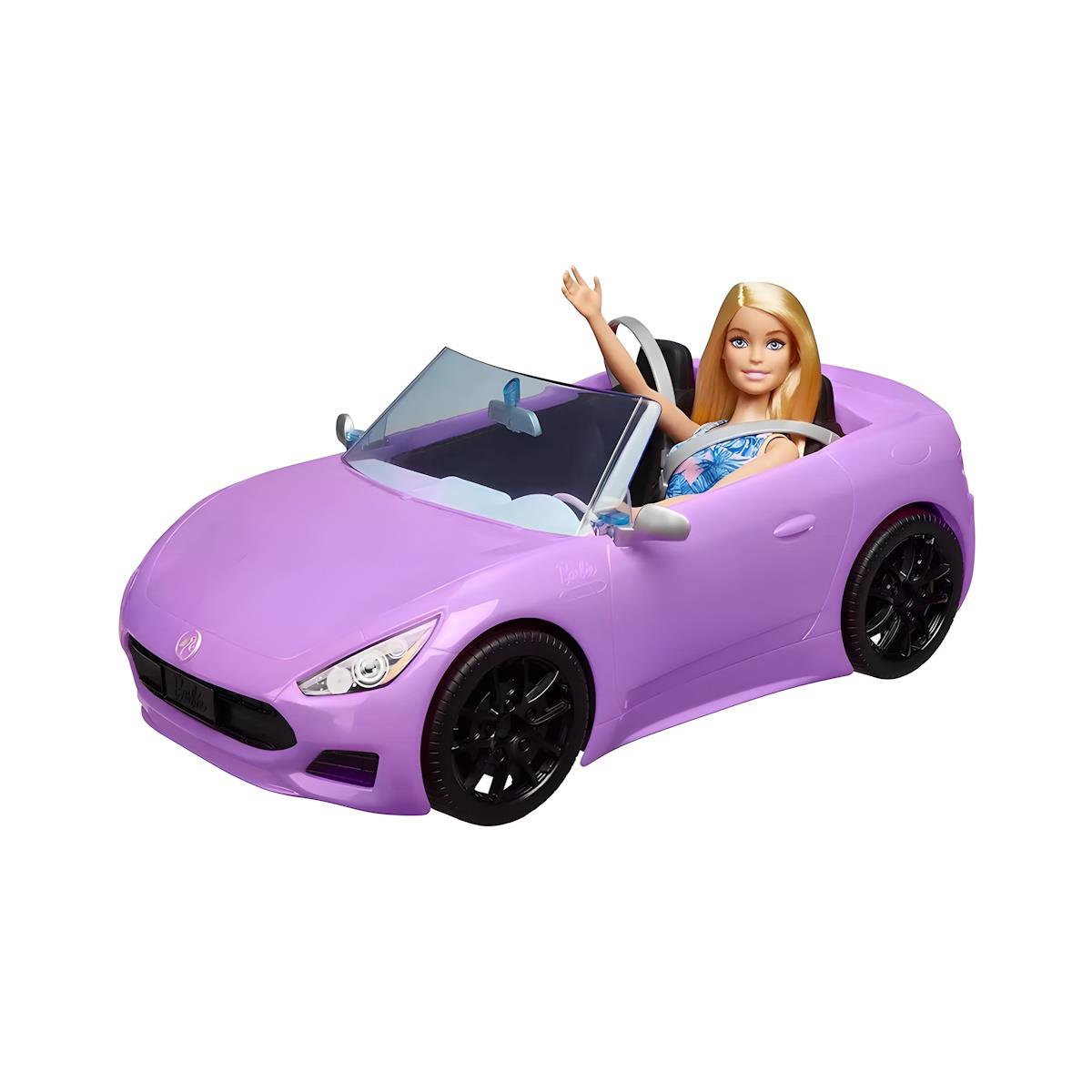 Boneca Barbie num carro conversível de brinquedo roxo