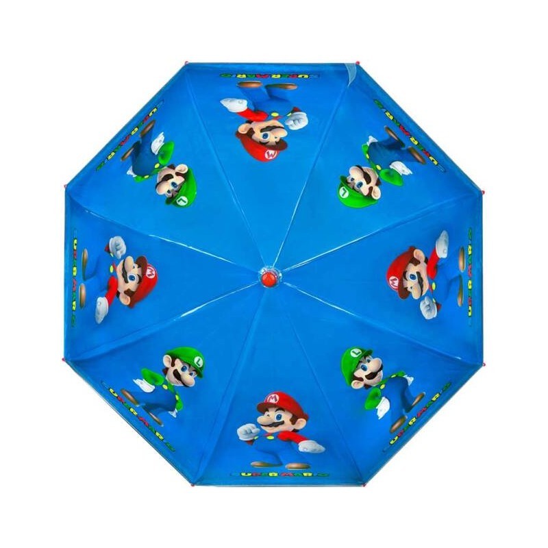 Guarda-chuva azul com estampas de Mario e Luigi e texto SUPER MARIO