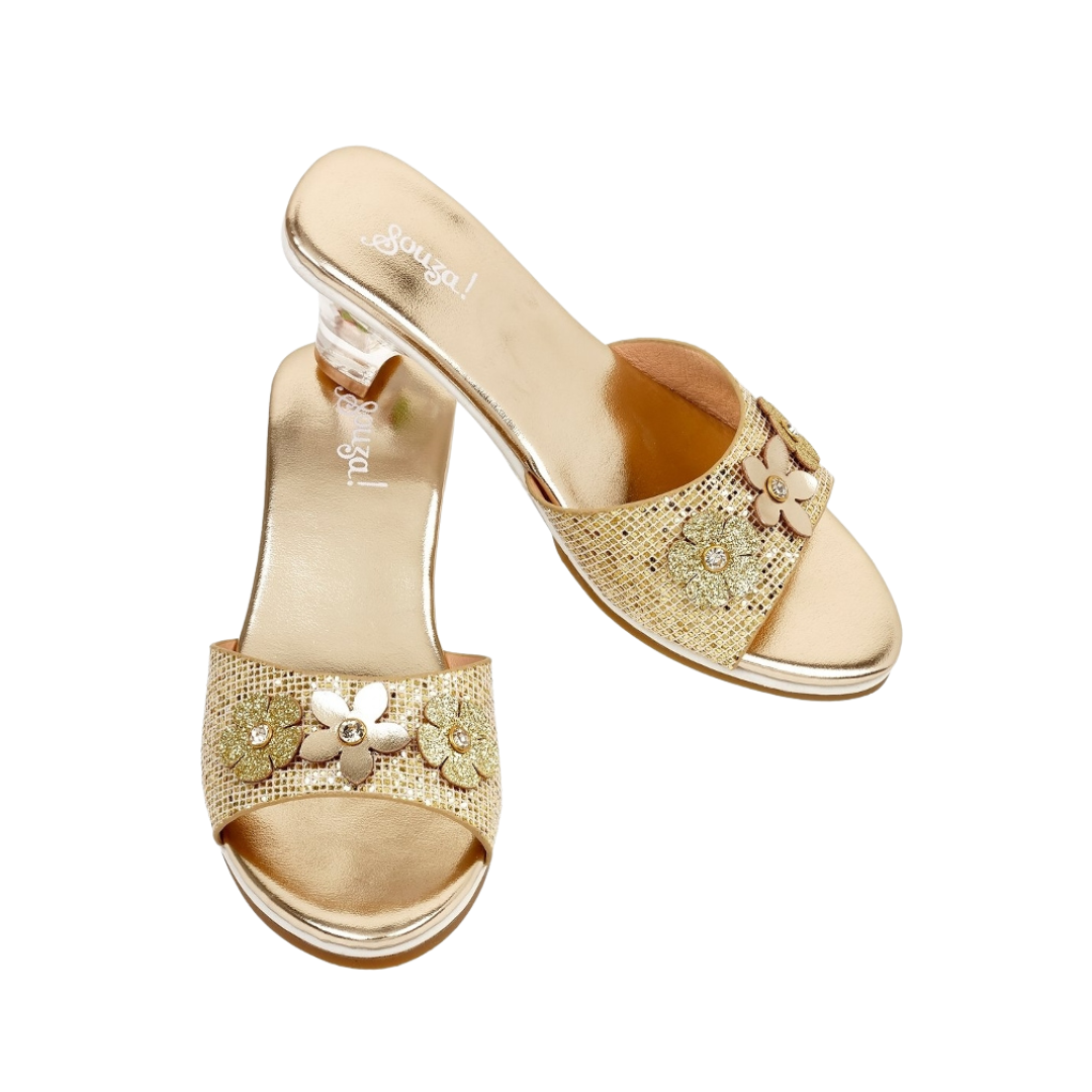 Sandálias douradas com flores brilhantes e salto transparente