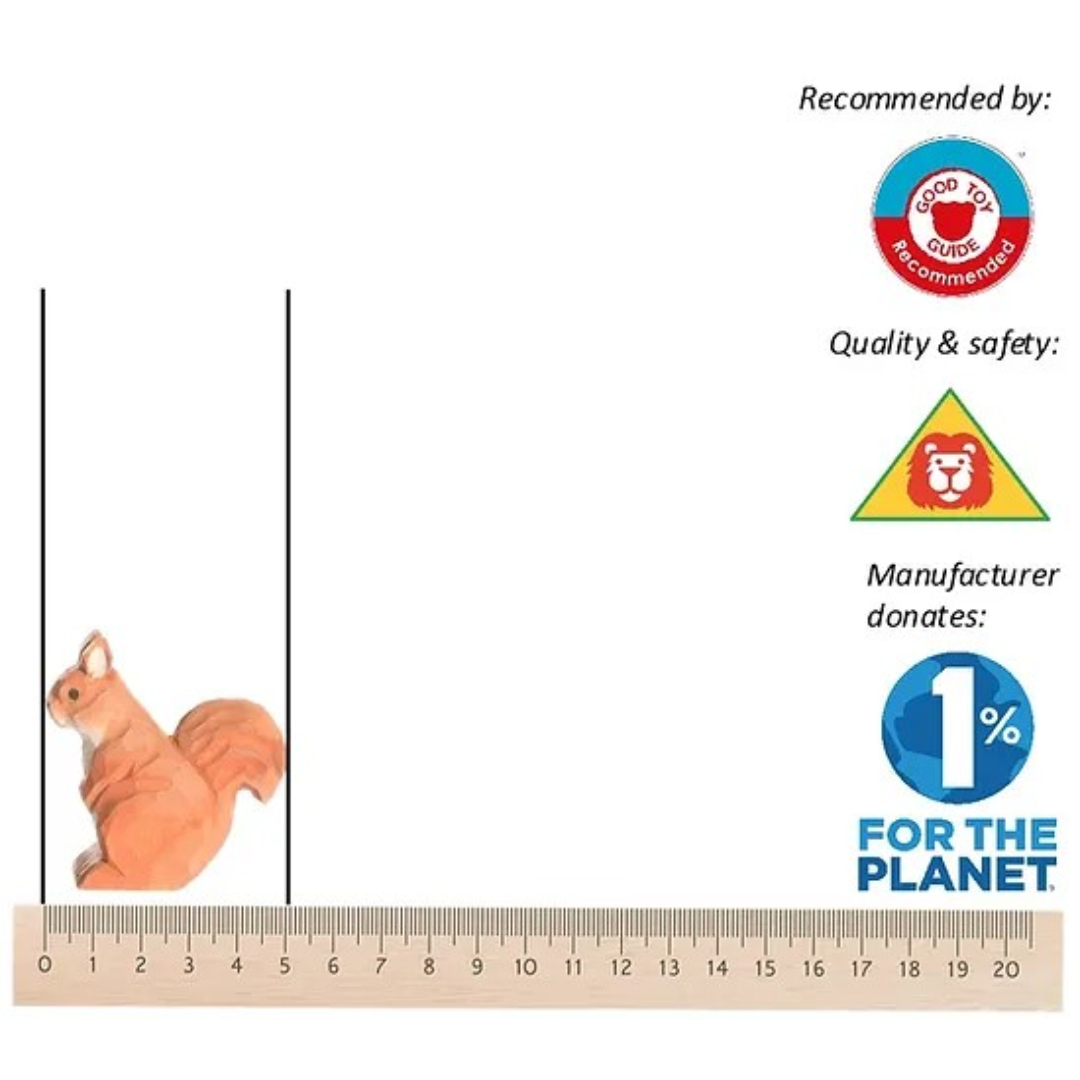 Régua de madeira com ilustração de esquilo e selos de recomendação, segurança e doação