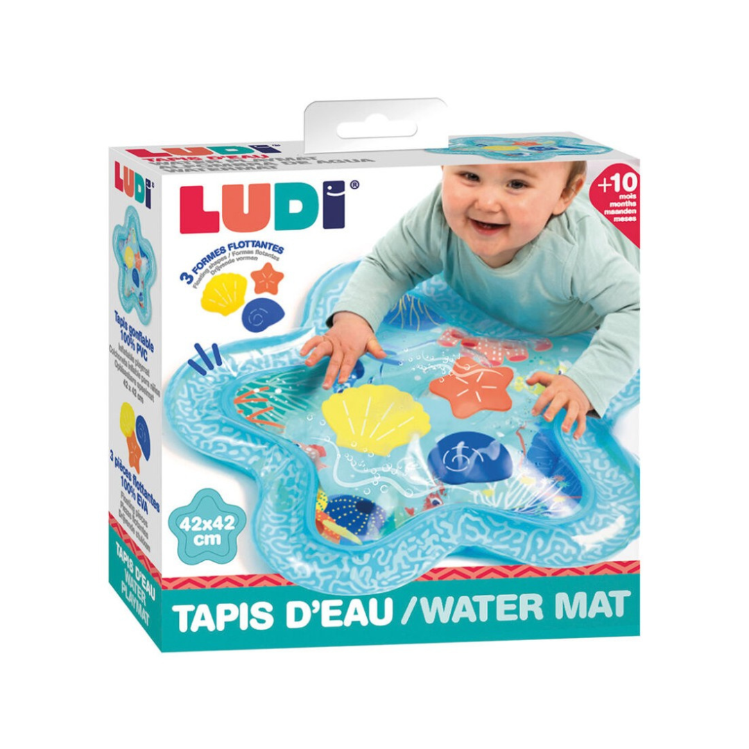Tapete de água infantil em forma de estrela azul com formas flutuantes coloridas, embalagem LUDI