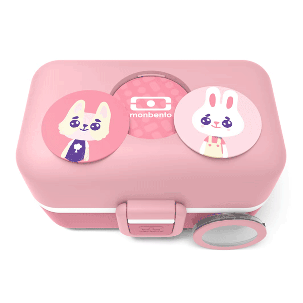 Marmita rosa Monbento com ímanes de cão e coelho e lente de aumento