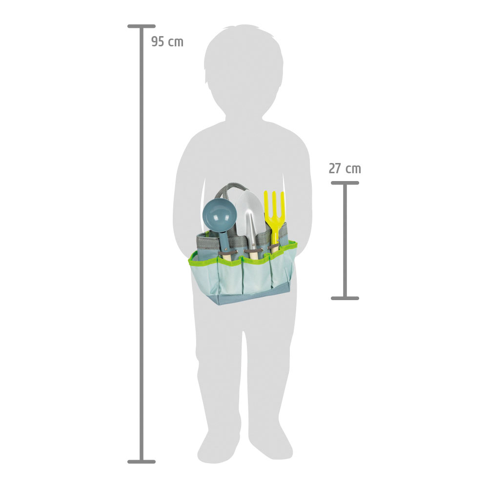 Conjunto de ferramentas de jardim infantis em bolsa azul claro com bordas verdes