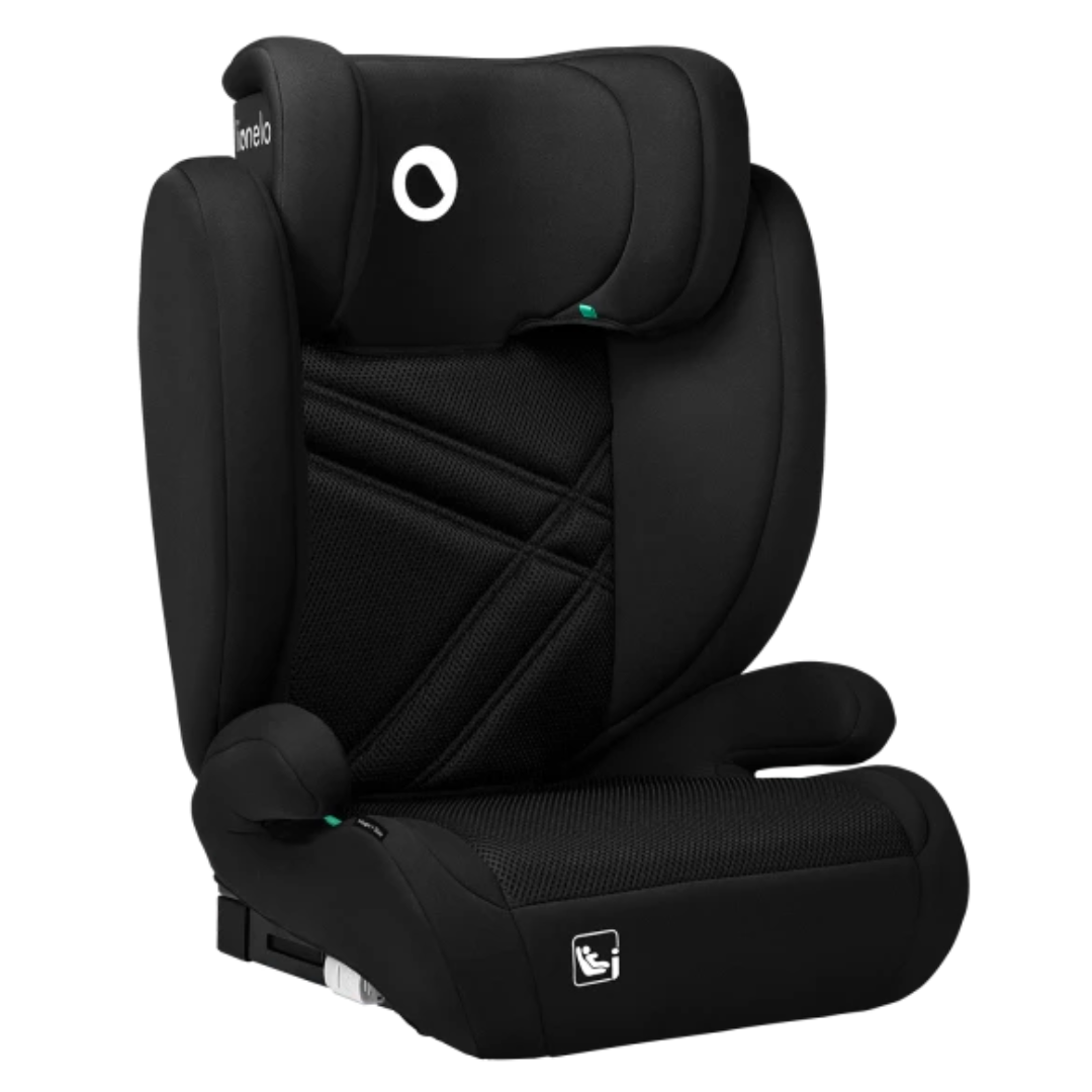 Cadeira auto para criança preta com design ergonómico e etiquetas de segurança