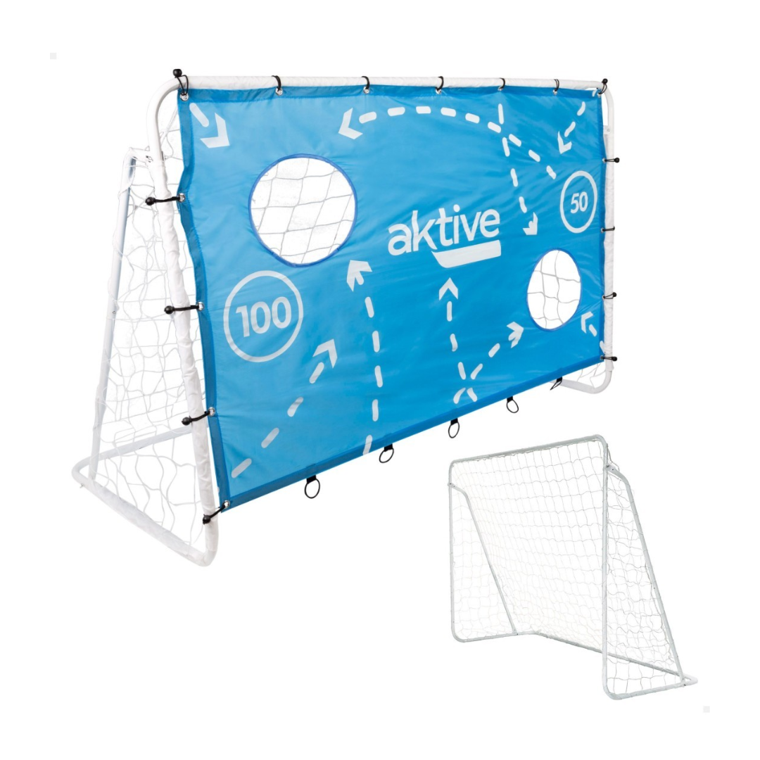 Baliza de futebol infantil com painel azul de pontaria e estrutura metálica branca