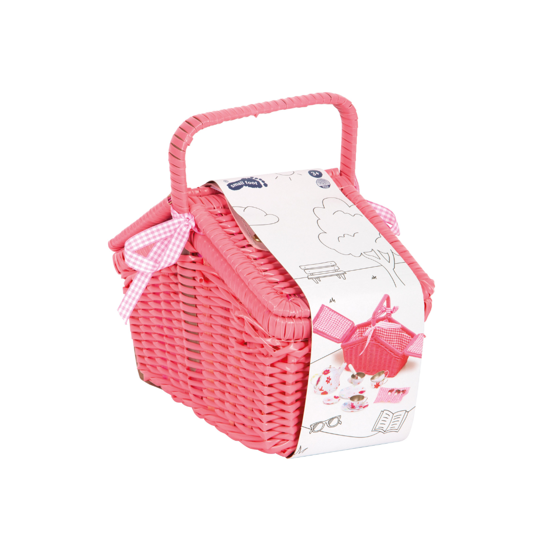 Cesto de piquenique infantil rosa com alça e laços xadrez