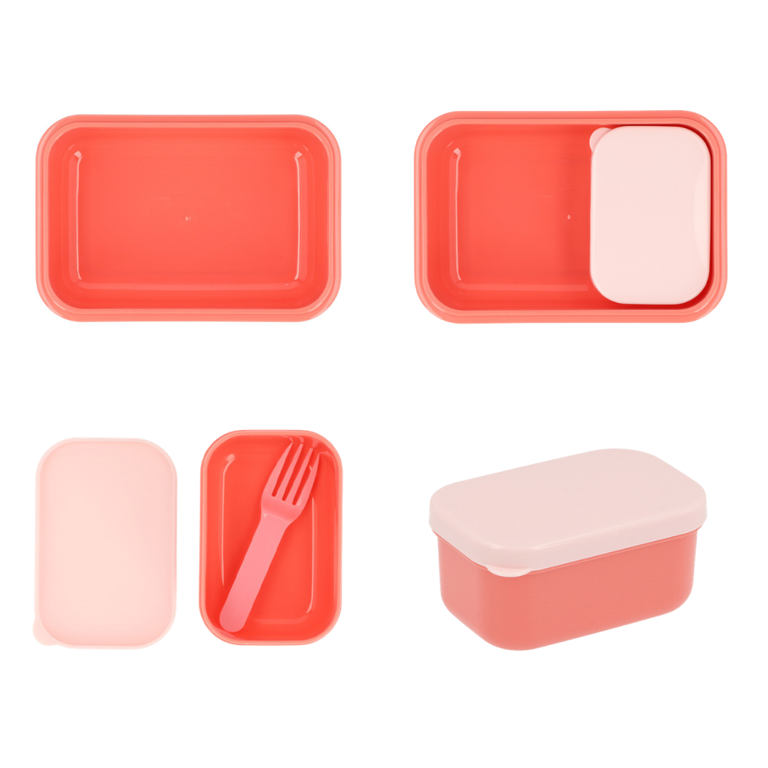 Lancheira retangular cor-de-rosa e coral com tampa rosa e garfo cor-de-rosa