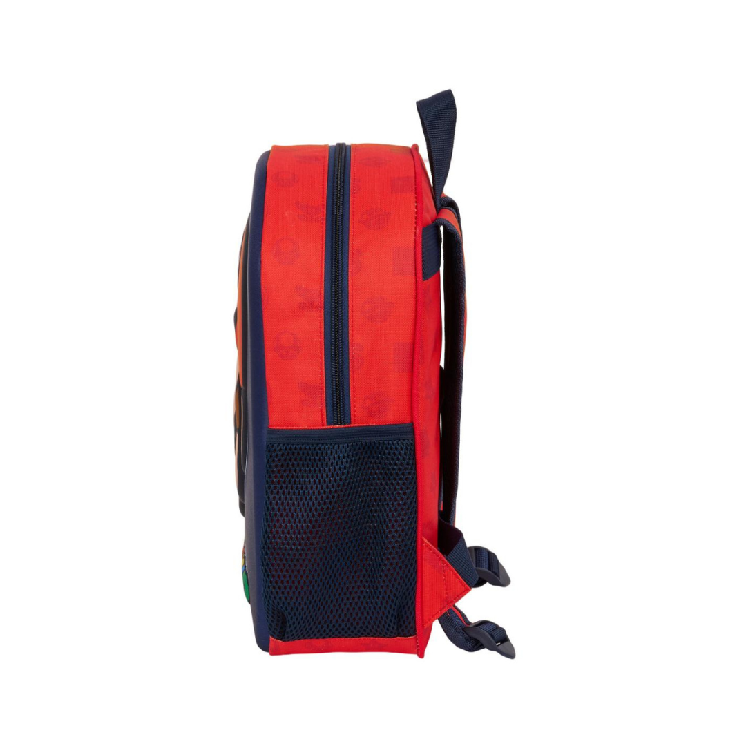 Mochila infantil vermelha e azul de perfil com bolso de rede