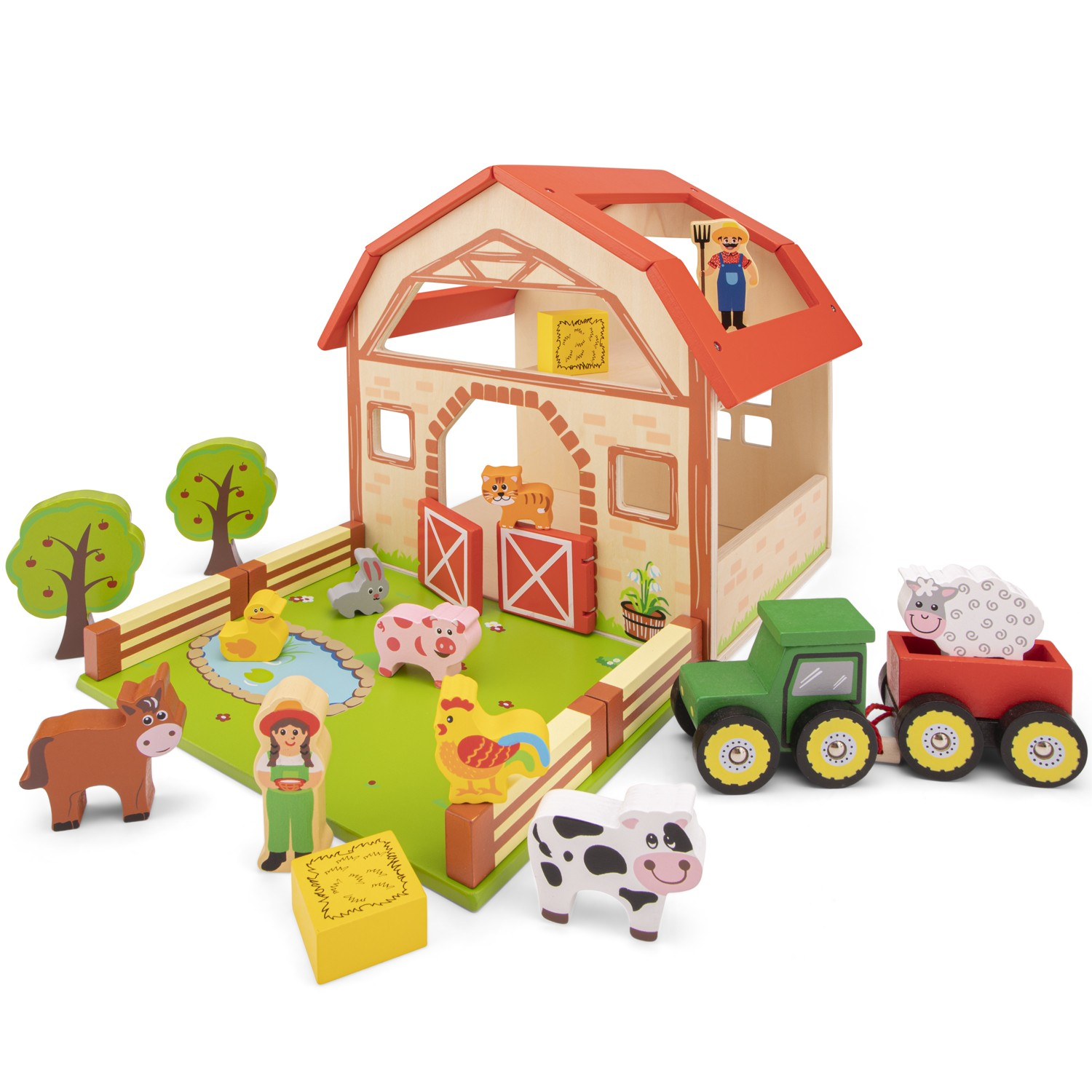 Brinquedo de madeira celeiro com animais, tractor e figuras humanas coloridas