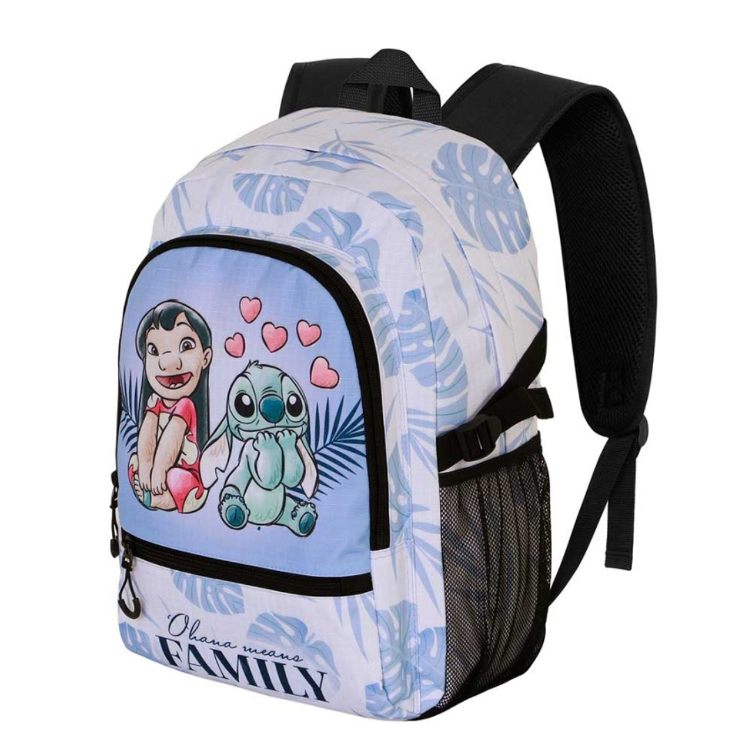 Mochila branca com padrão de folhas azuis e bolso frontal com imagem da Lilo e Stitch