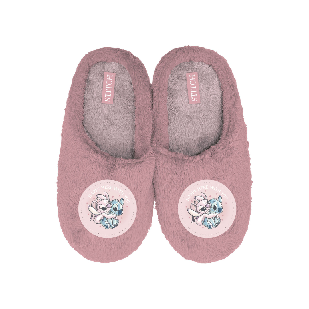 Chinelos cor-de-rosa com interior cinza e personagem de desenho animado estampado