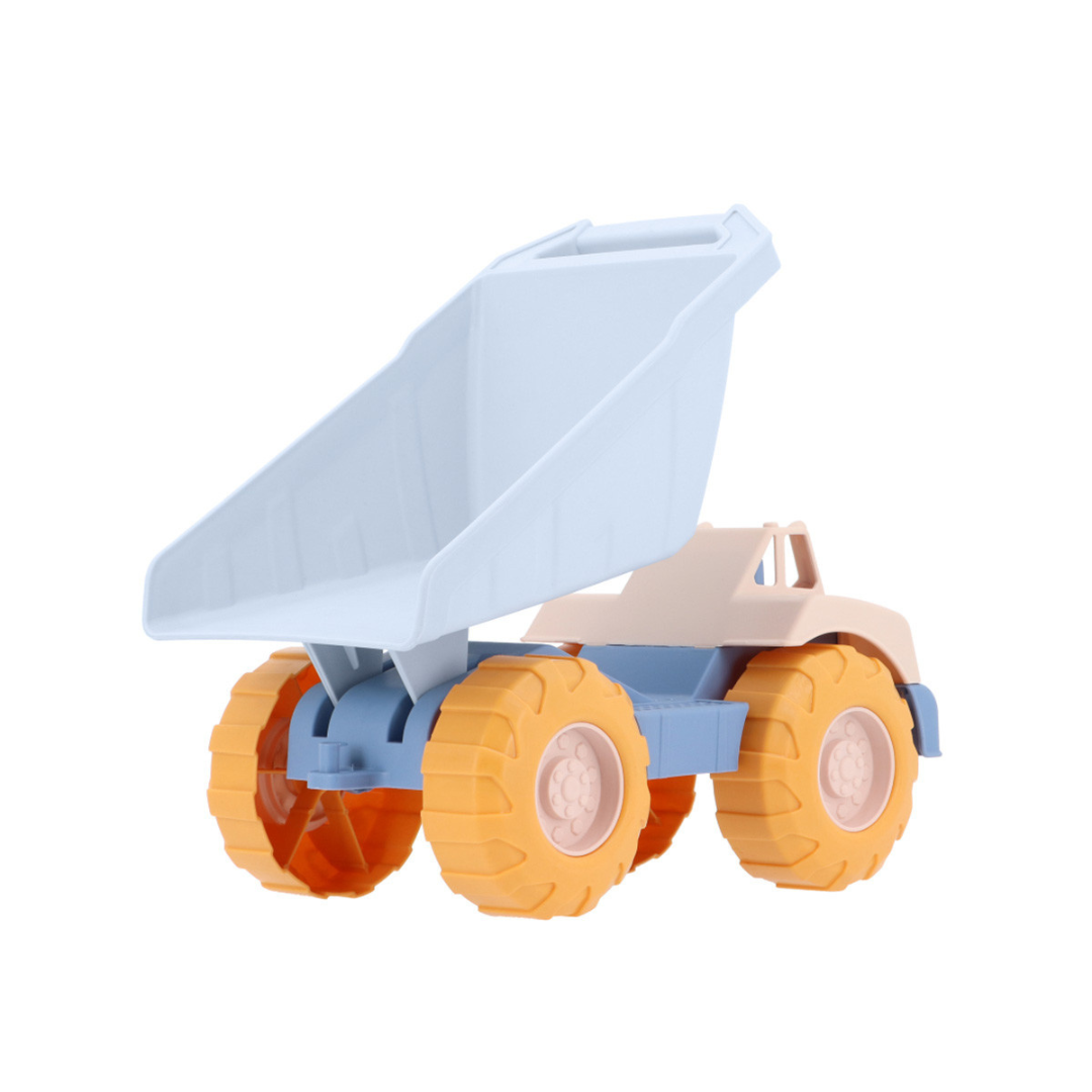 Carrinho de brinquedo caçamba plástico azul claro, bege e rodas laranja