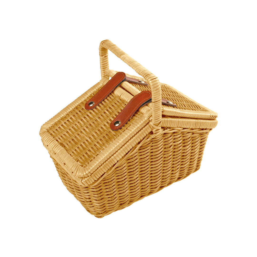 Cesto de piquenique retangular em vime cor natural com alça rígida e tiras de couro