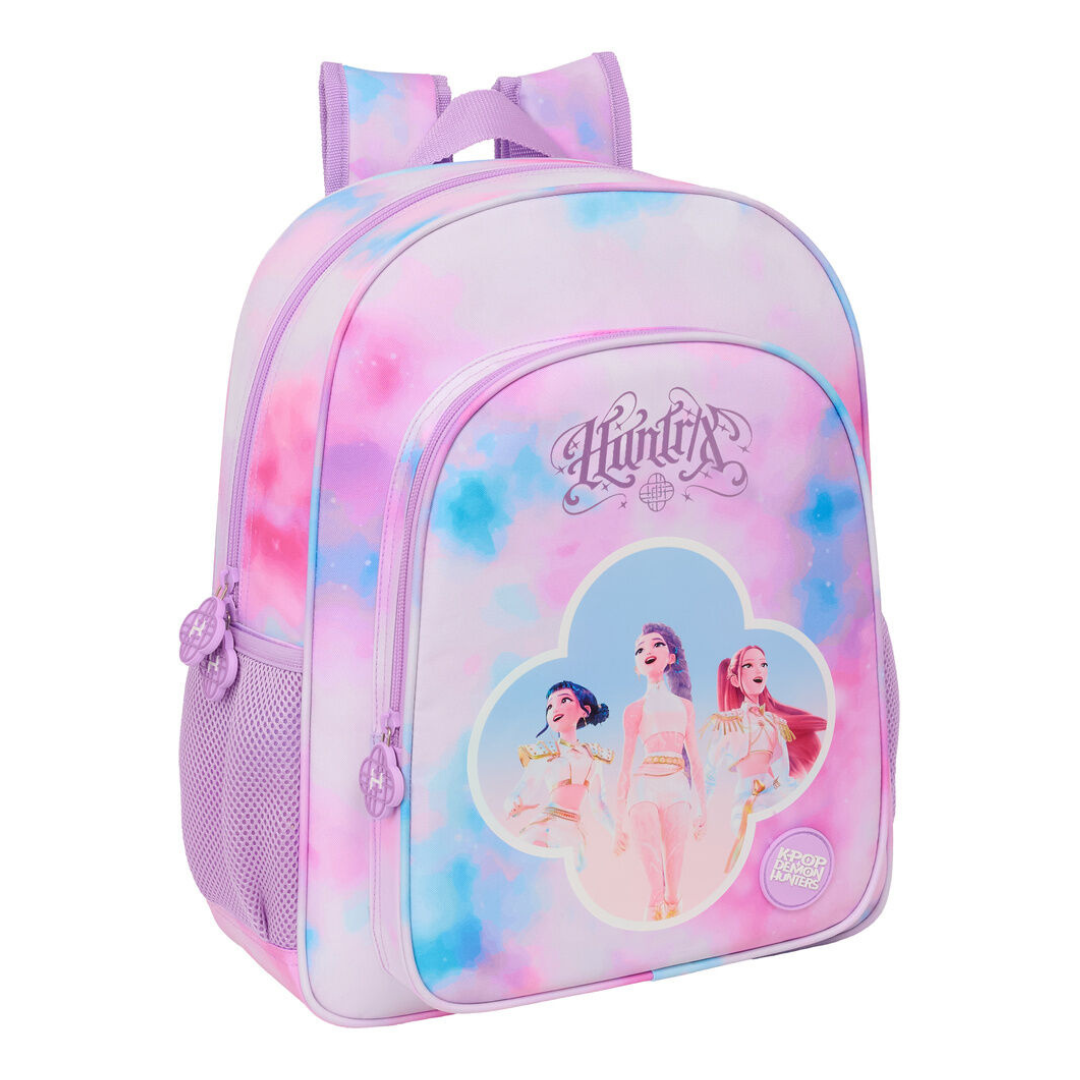 Mochila rosa e lilás com personagens animadas e texto Hunters e Kpop Demon Hunters