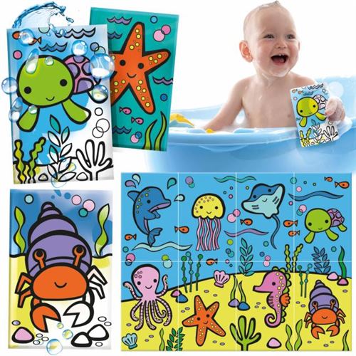 Livros de banho infantis com desenhos coloridos de animais marinhos