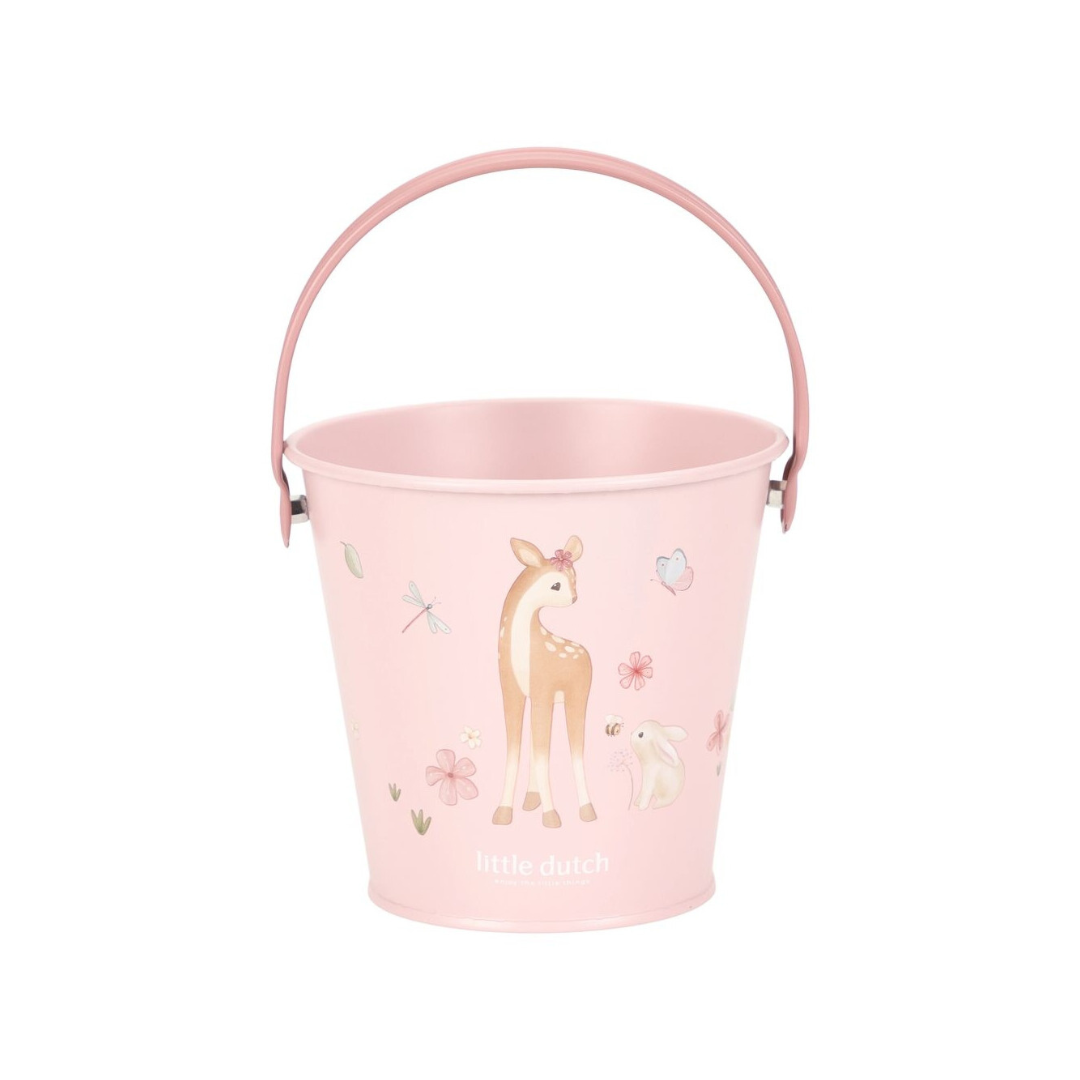 Balde rosa com desenhos infantis e alça cor-de-rosa