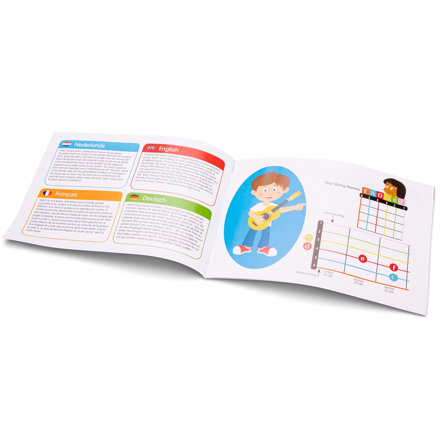 Livro infantil aberto com ilustração de menino e texto multilíngue sobre fundo branco