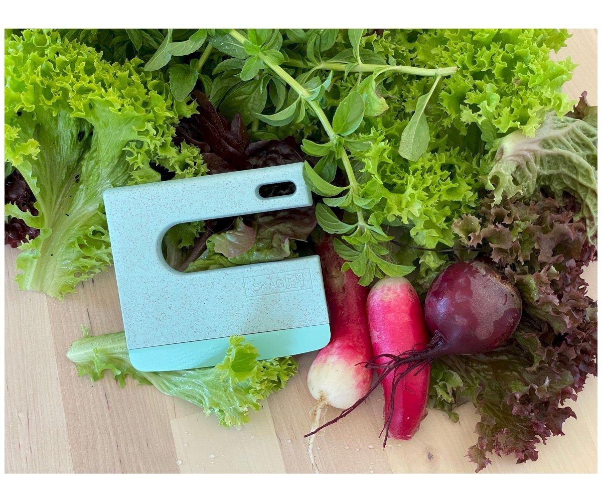 Aparelho azul claro entre folhas de alface verde e roxa com três rabanetes vermelhos sobre madeira