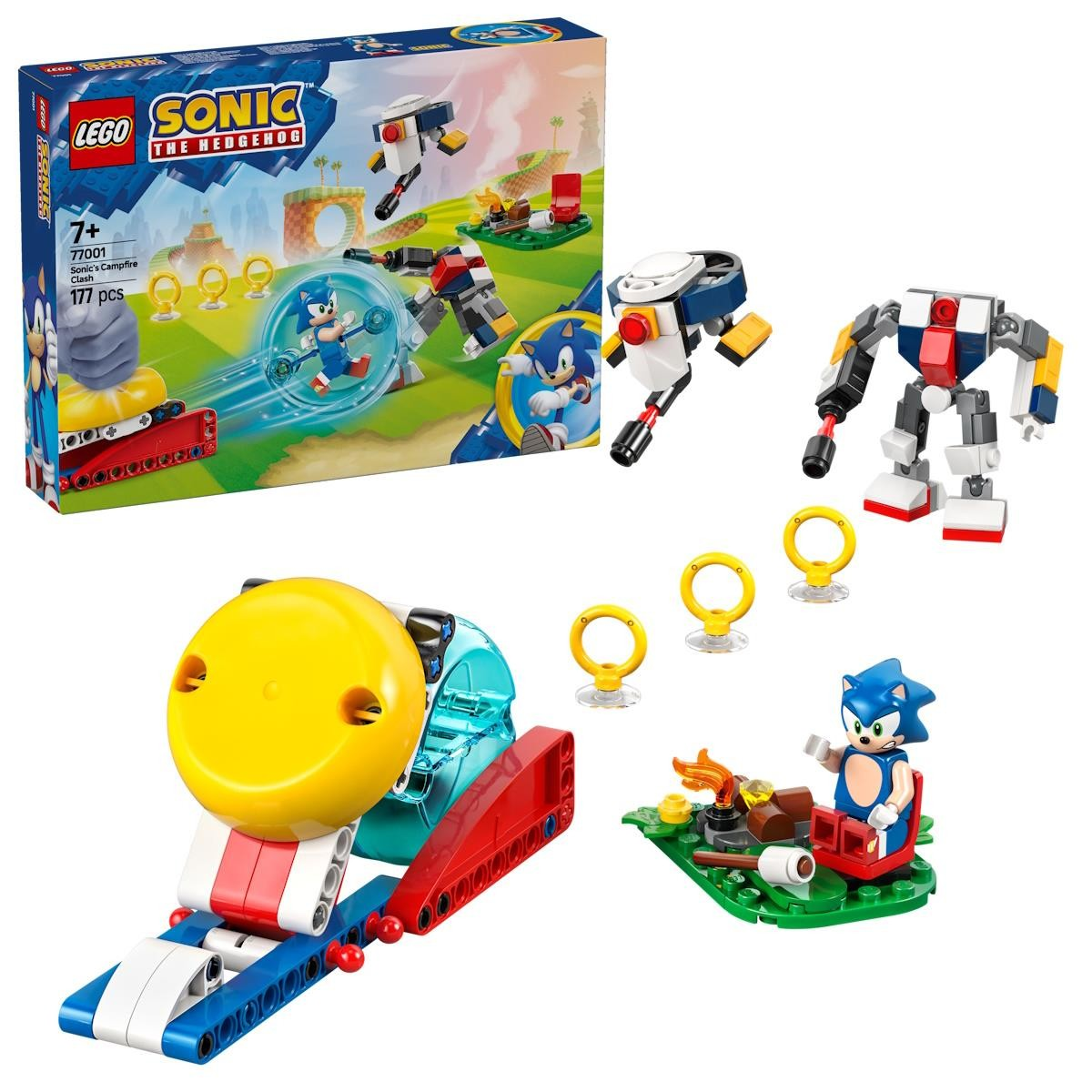 Conjunto LEGO Sonic o Ouriço com figuras, anéis e rampa de cores azul, vermelho, amarelo e branco