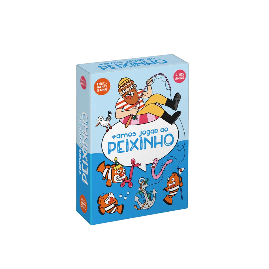 Caixa de jogo de mesa Vamos jogar ao Peixinho com ilustrações de pescador e peixes coloridos