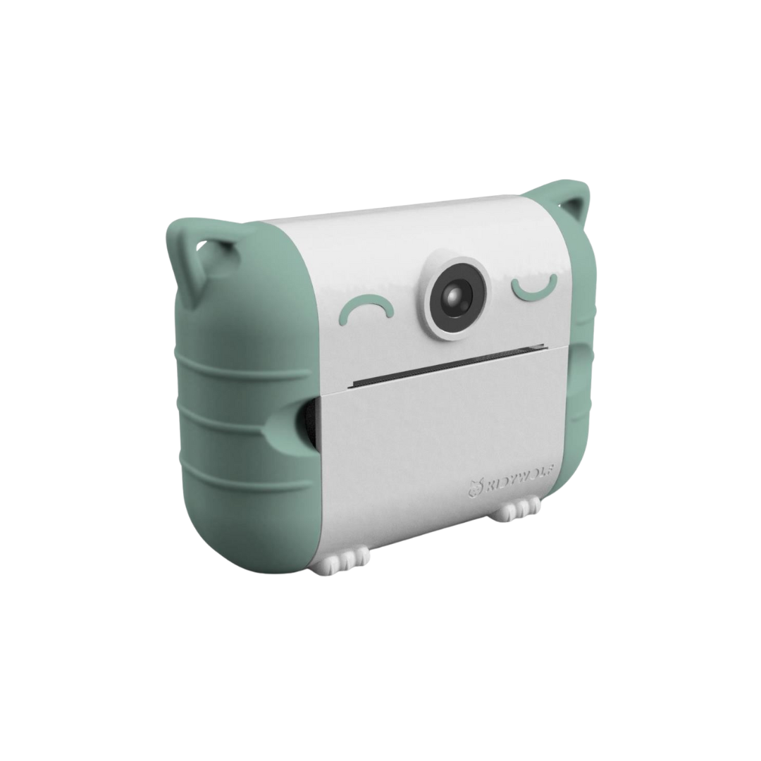 Câmara fotográfica digital infantil branca com detalhes verdes e rosto sorridente