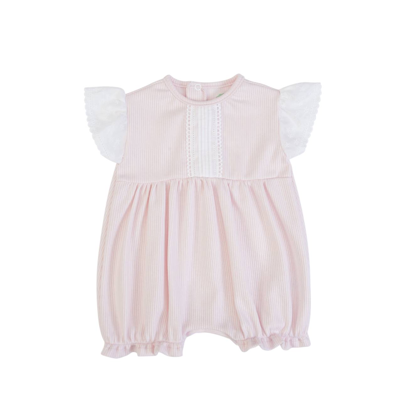 Macacão rosa claro para bebé com mangas brancas e renda no peito