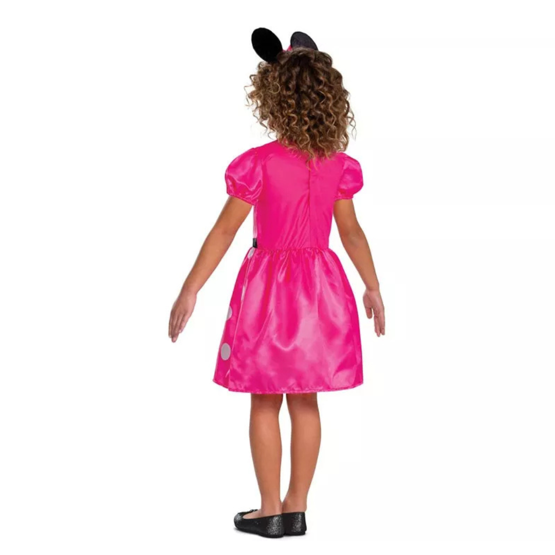 Vestido infantil rosa com mangas bufantes e fita com orelhas preta