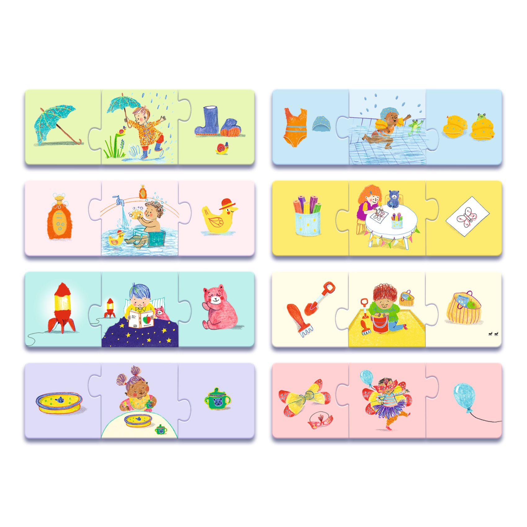 Puzzles infantis com ilustrações de crianças em várias atividades lúdicas e coloridas.