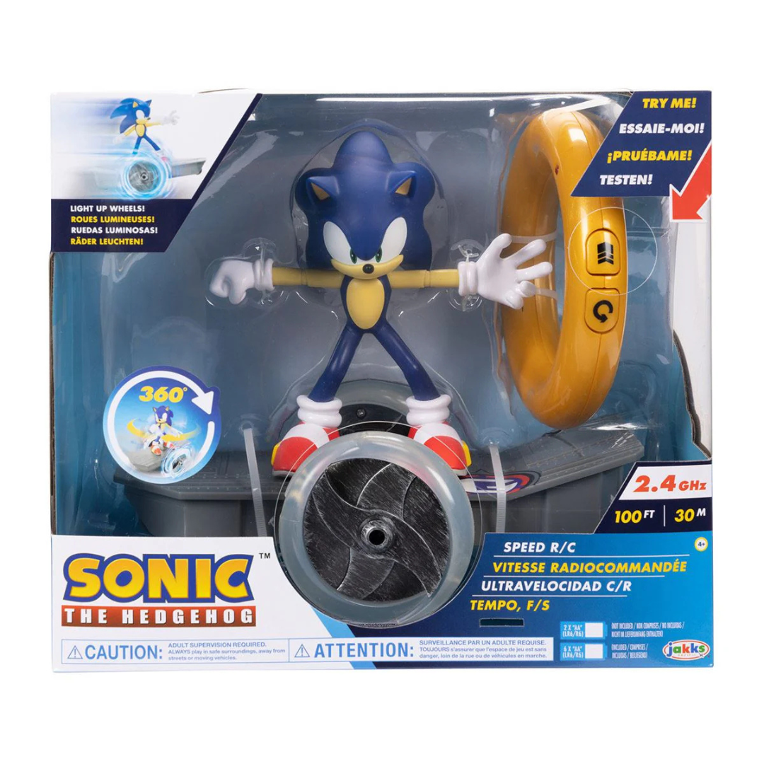 Brinquedo Sonic the Hedgehog com figura azul e comando amarelo na embalagem