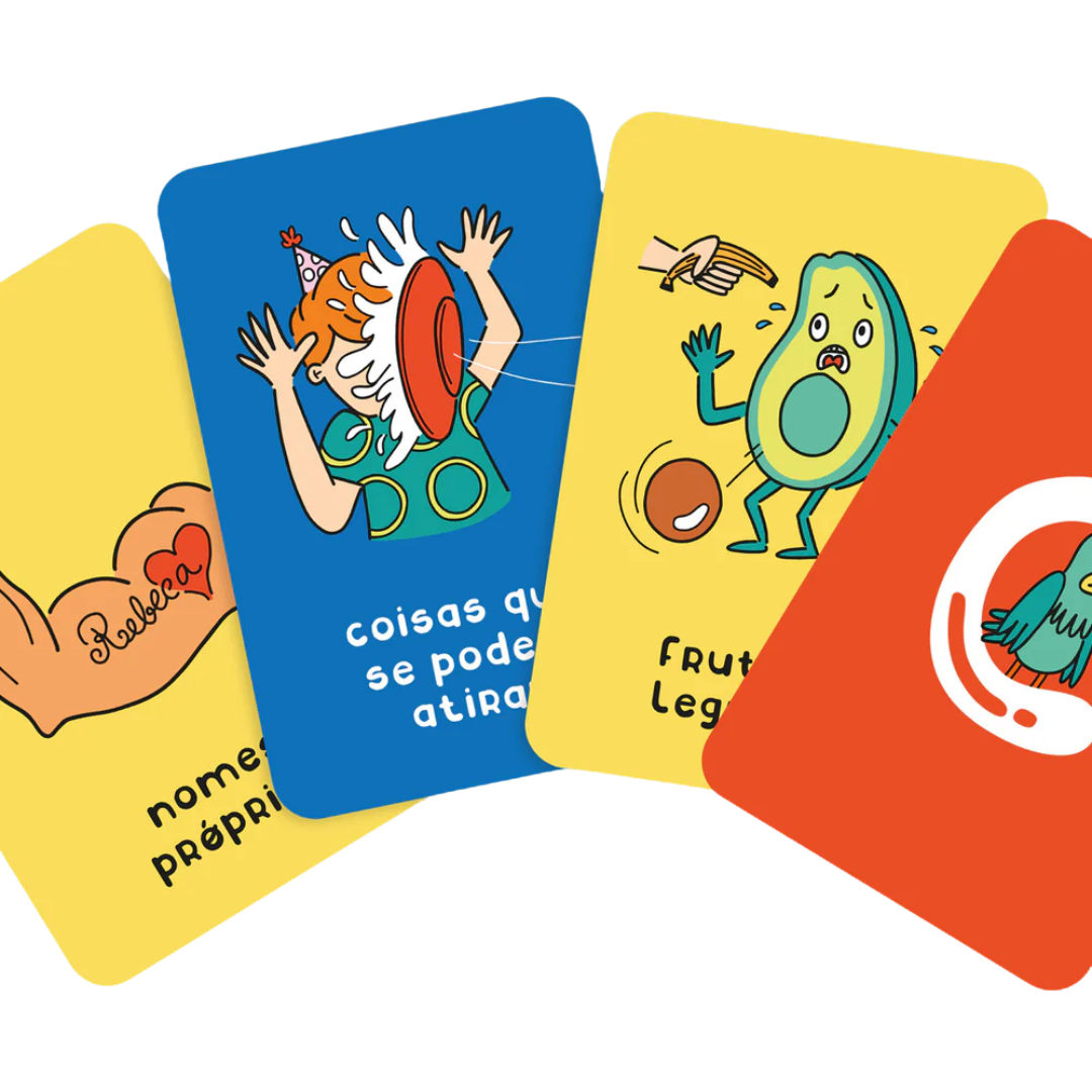 Cartas coloridas de jogo com ilustrações e texto em português