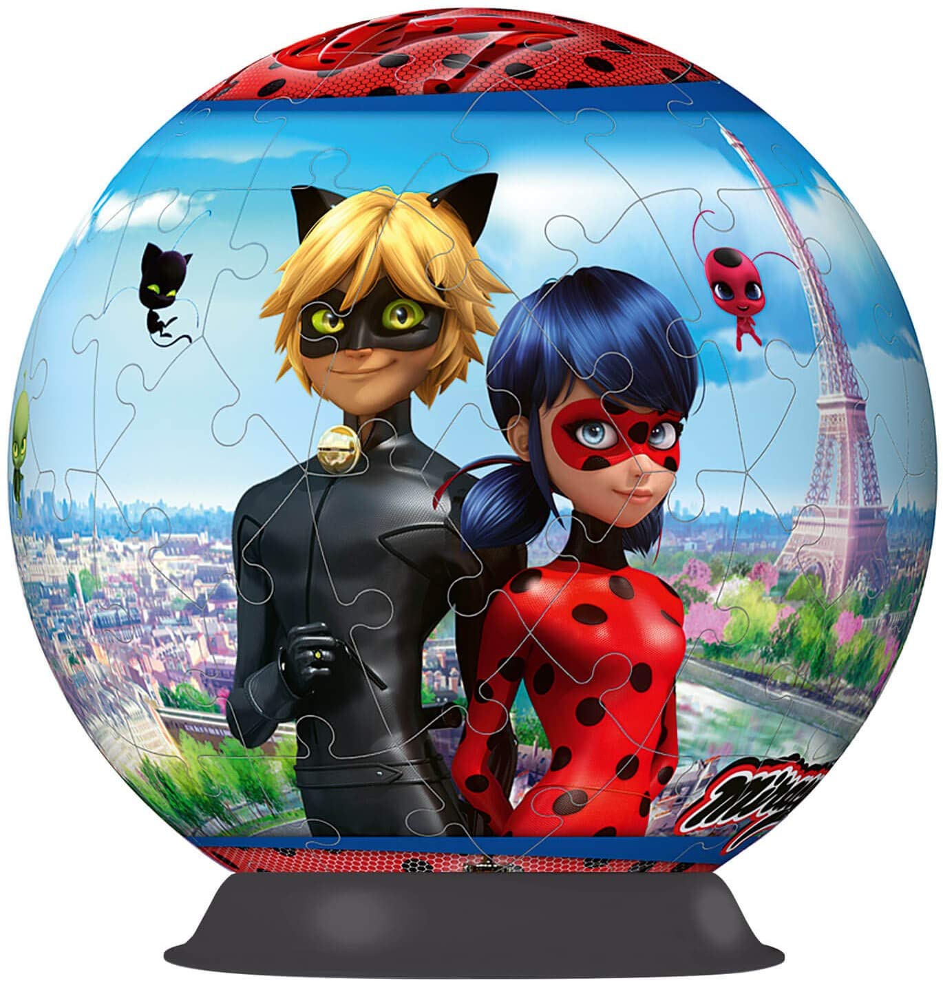 Puzzle esférico com personagens Cat Noir e Ladybug e Torre Eiffel no fundo