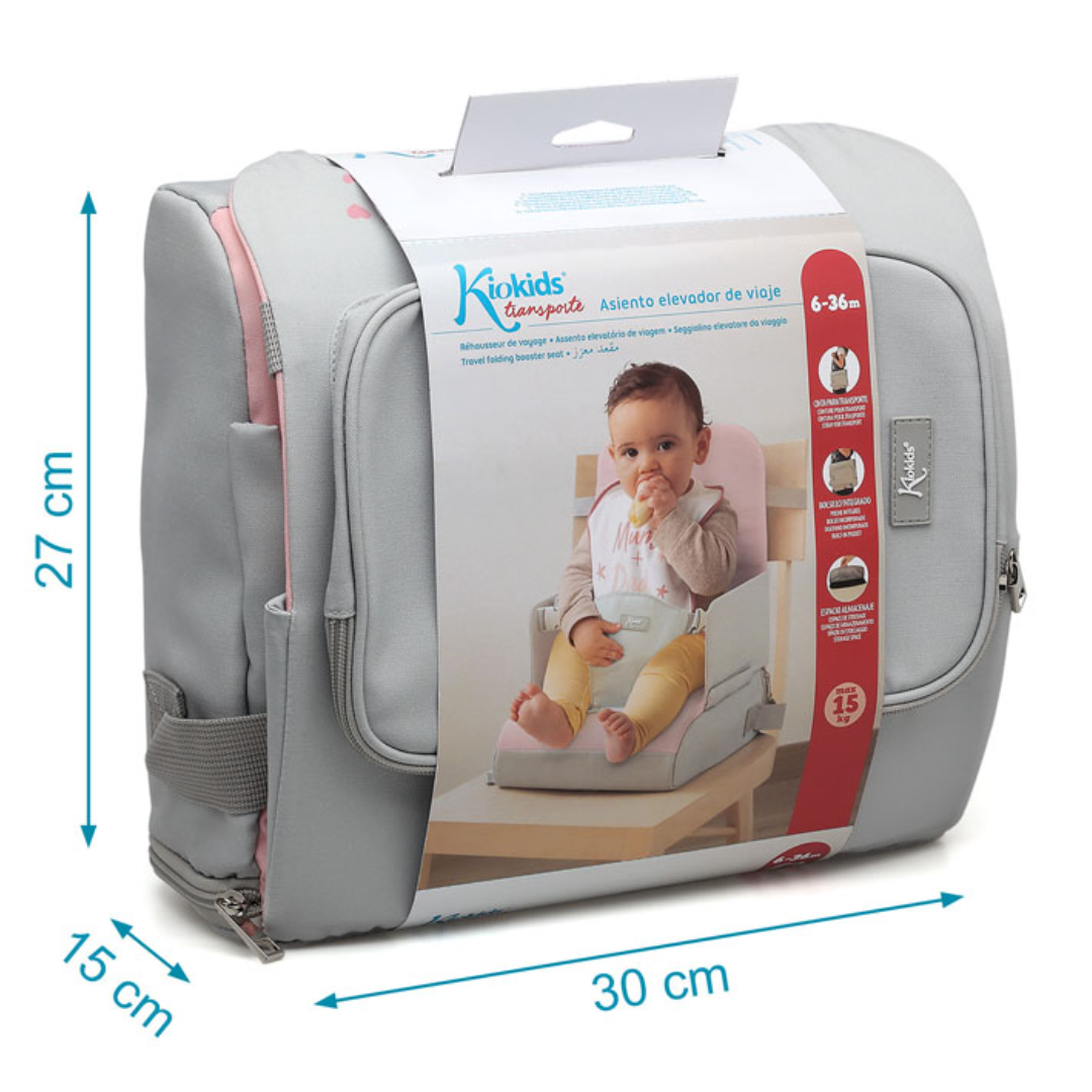 Mala cinzenta e rosa com embalagem de assento elevador para bebé