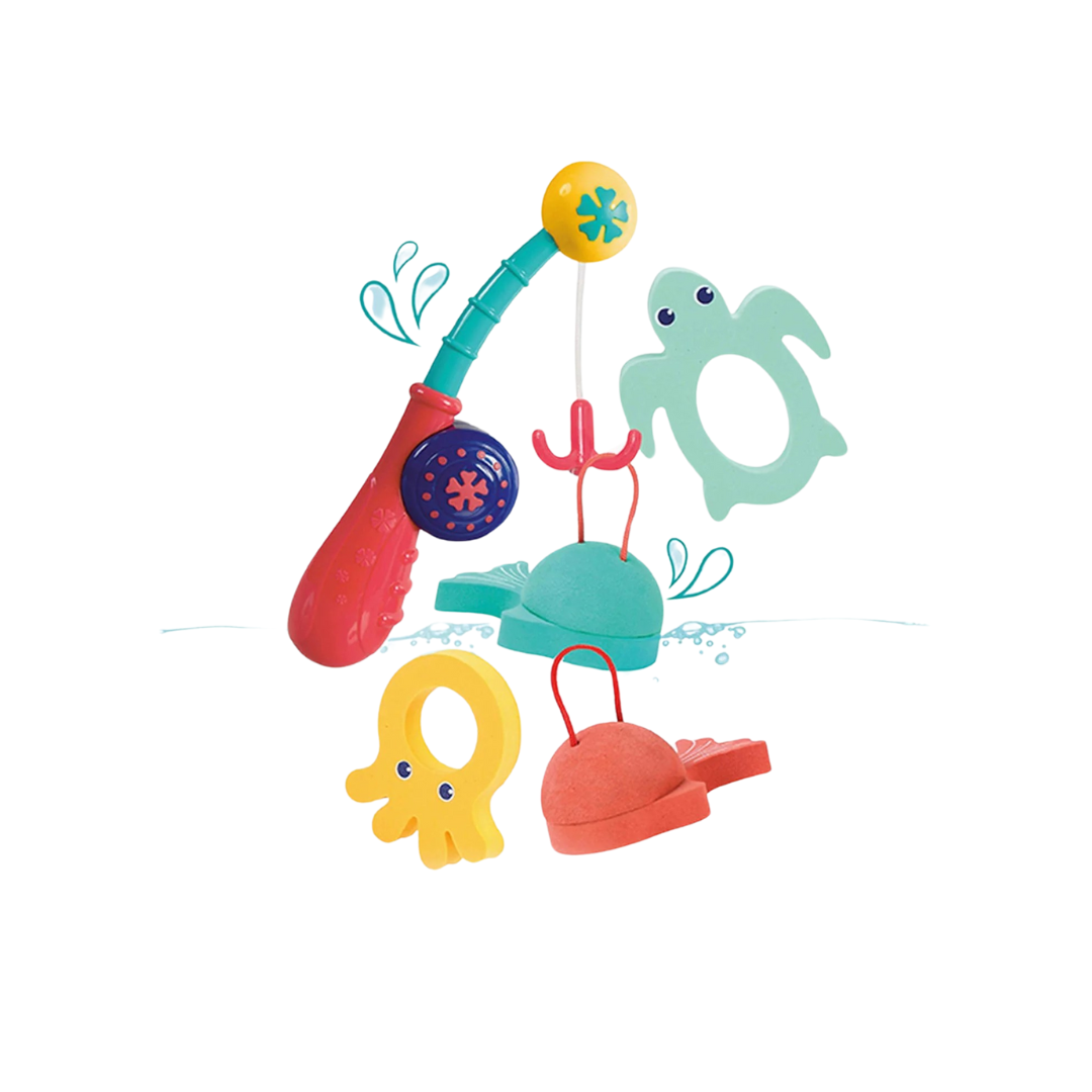 Brinquedo de pesca infantil colorido com formas de polvo, tartaruga e peixe em espuma.